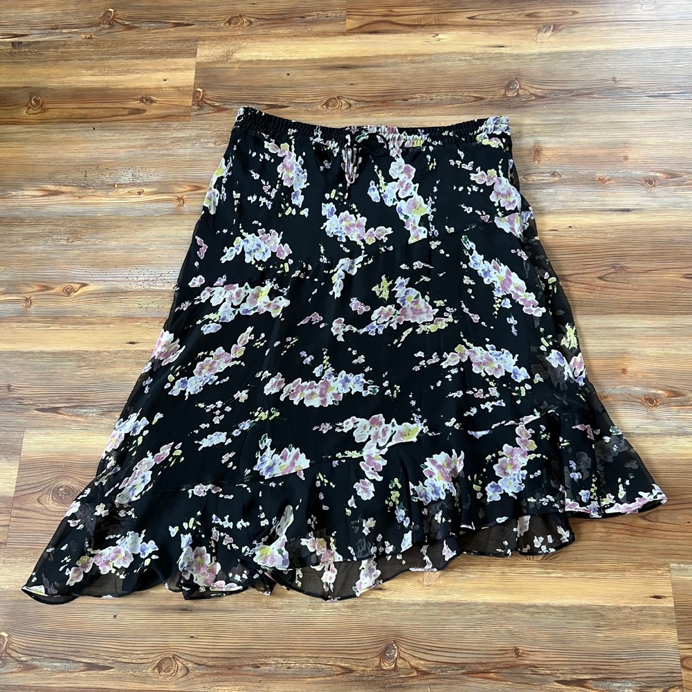 Lauren Ralph Lauren Women 16 Black Floral Feminine Asymmetric Ruffle Midi Skirt